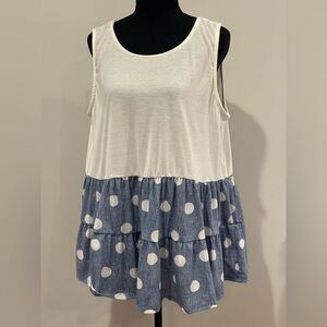 New LuLaRoe L “Eliana” Sleeveless White and Blue Polka Dot Tiered Tank Top 783